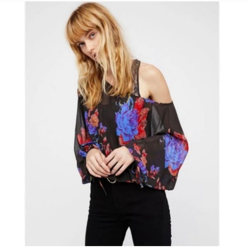 Intimately Free People Floral Cold Shoulder Bodysuit Black Blue Lace SP